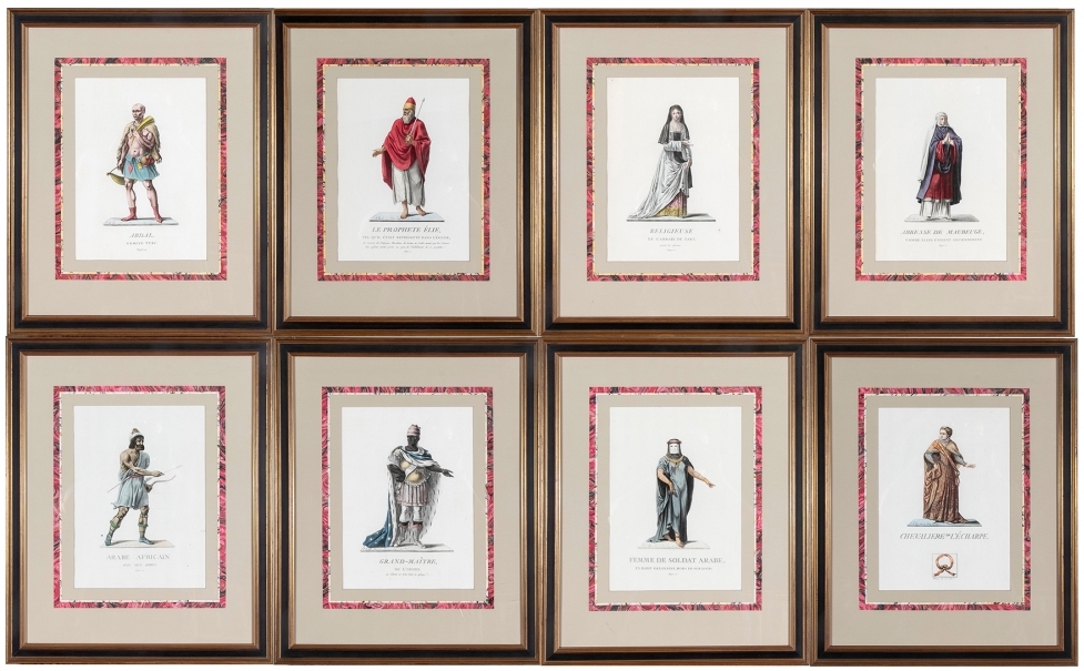 This set of eight custom framed antique French historical & religious figures (item #130131) was purchased through BRG's Black Rock Interiors consignment showroom in the fall of 2020. The artwork was used on the grasscloth covered walls in the dining room on the set of Scenes from a Marriage.
